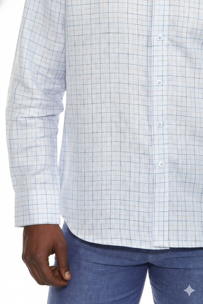 Men’s 100% Linen Long Sleeve Blue Checkered Button-Down Shirt