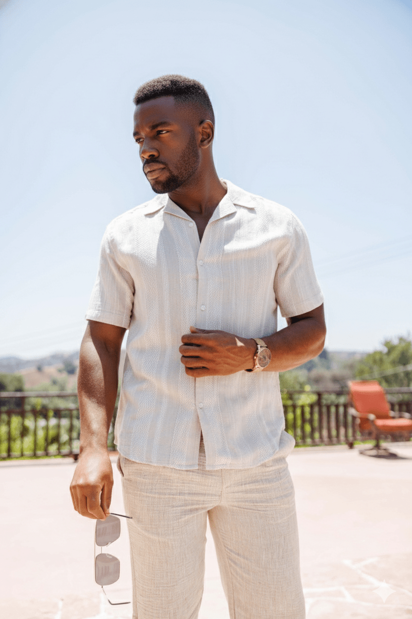 Men's Resort Style Casual Striped Multi - Texture Weave Linen Blend Shirt - Especially Yours