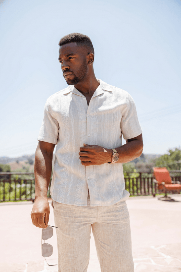 Men's Resort Style Casual Striped Multi - Texture Weave Linen Blend Shirt - Especially Yours