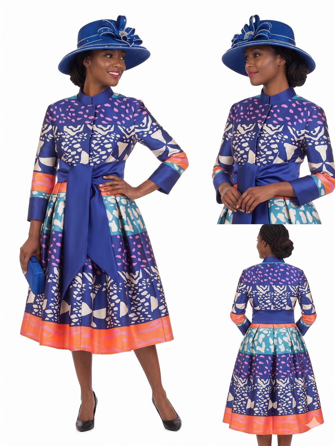 Stand Collar A-line Print Dress w/ Belt-Plus