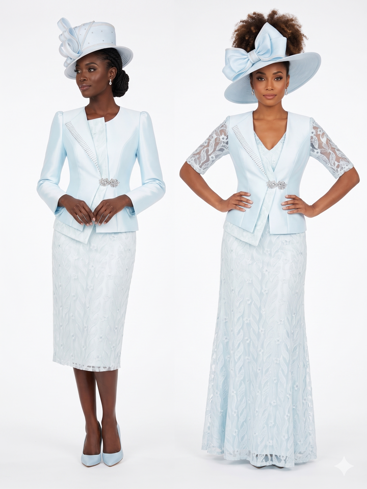 2pc Silky Twill Jkt + Sequined Lace Skirt Suit