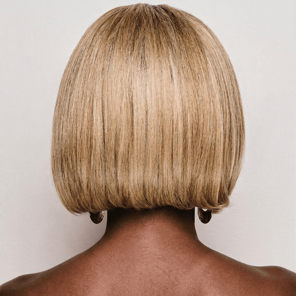 Kim Kimble 14 inch classic bob headband wig back view – clean blunt cut warm sandy blonde MC9 14SS | EY