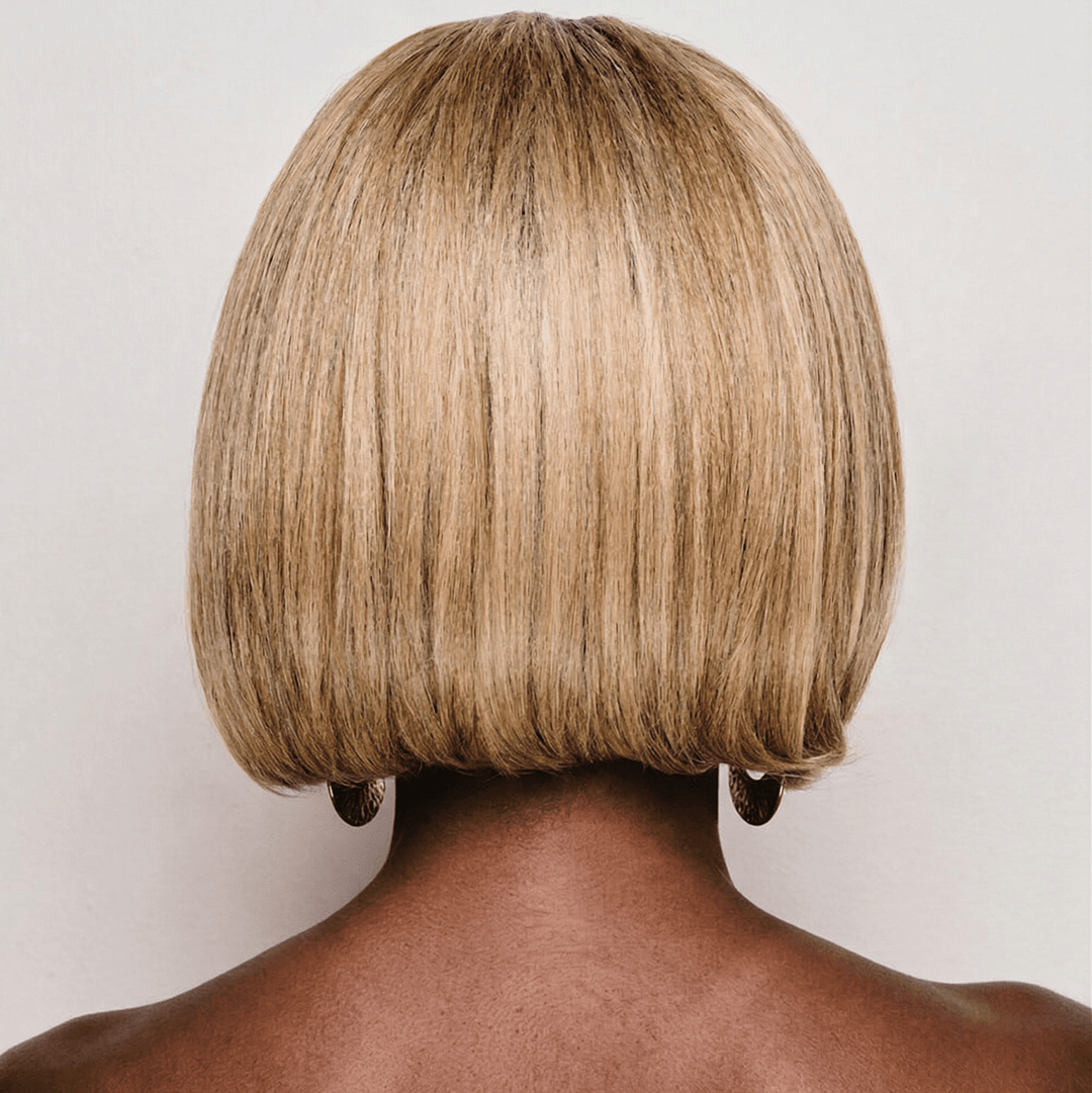 Kim Kimble 14 inch classic bob headband wig back view – clean blunt cut warm sandy blonde MC9 14SS | EY