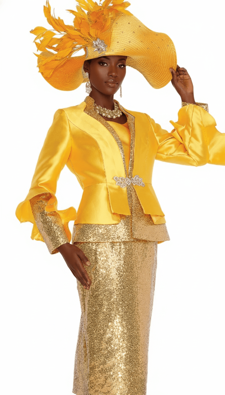 Glamorous Gold Sequin Skirt Suit with Peplum Jacket & Rhinestone Clasp