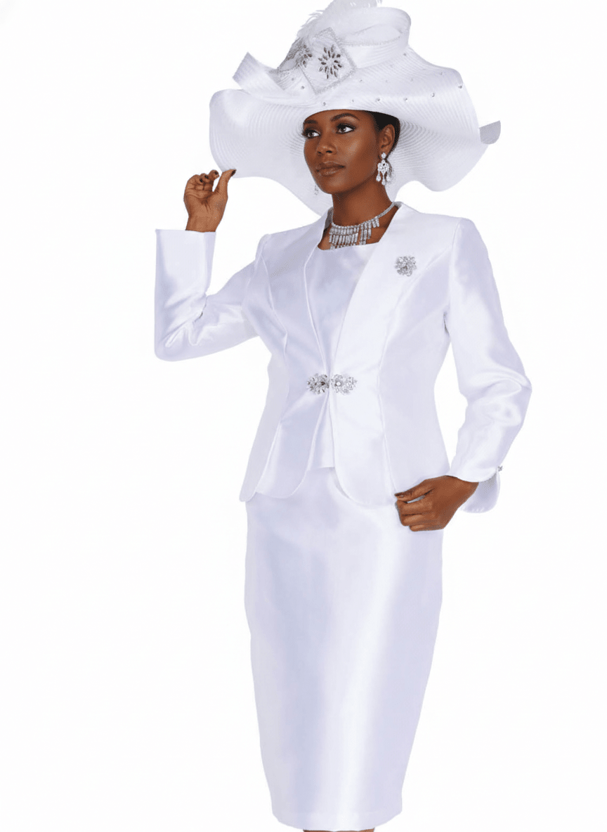Elegant White Three - Piece Skirt Suit with Rhinestone Brooch for Women 6262 - Especially Yours