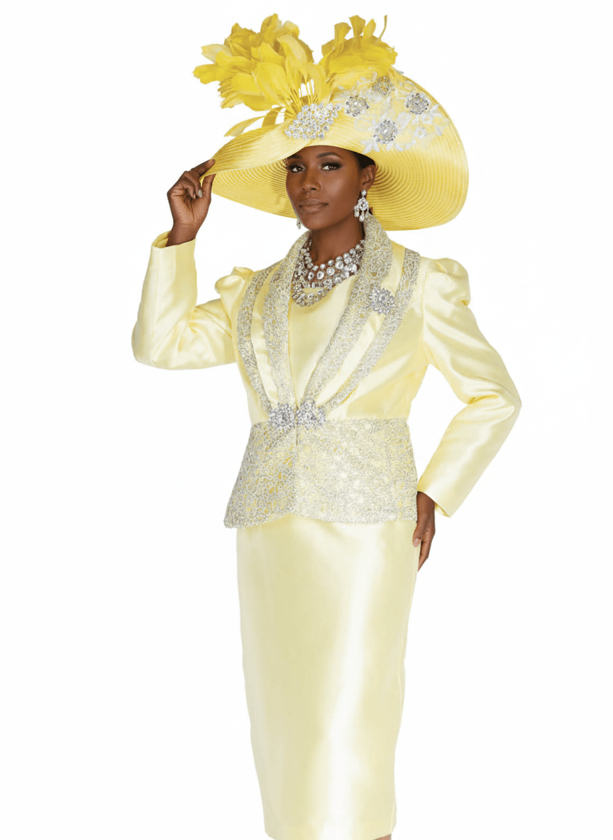 Elegant Two - Piece Pastel Yellow Brocade Suit Set - 6214 - Especially Yours