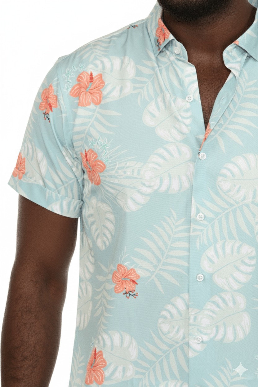 Men’s Aqua Floral Short Sleeve Stretch Shirt - Especially Yours