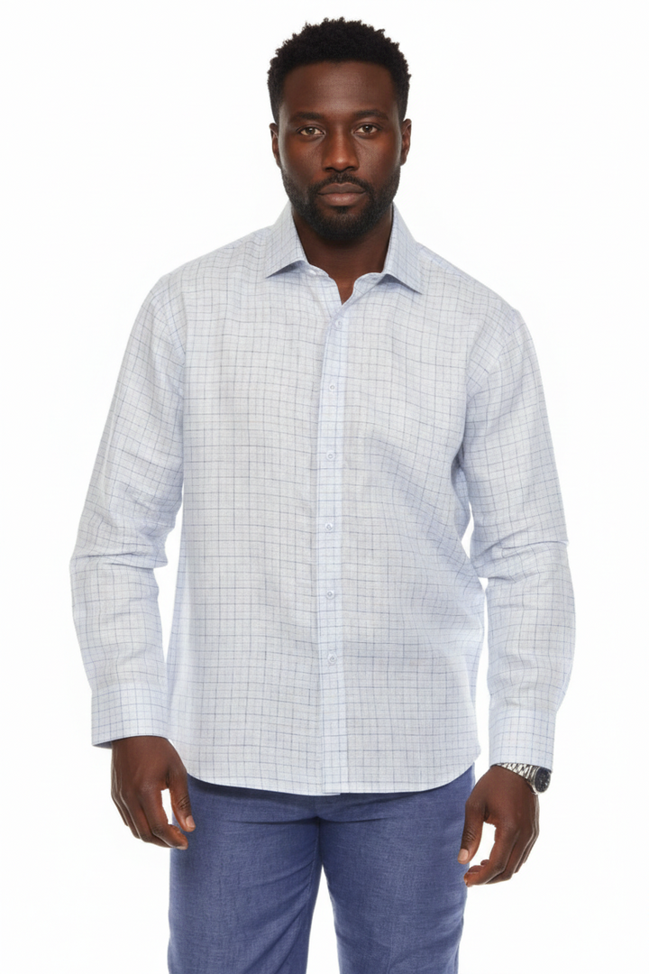 Men’s 100% Linen Long Sleeve Blue Checkered Button-Down Shirt