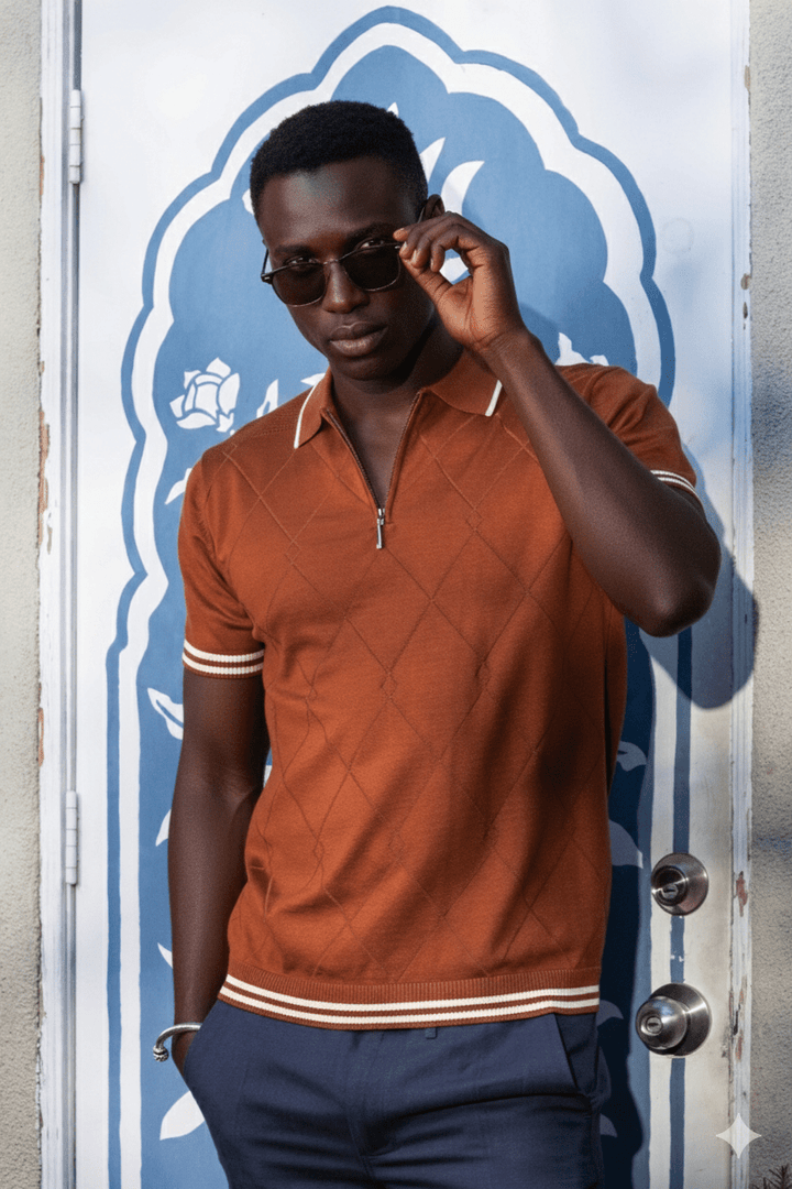 Men's Stylish Premium Knit Textured Polo Shirt with Stripe Accents - Especially Yours