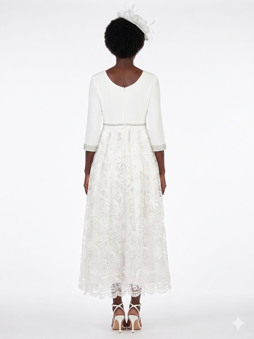 3/4 Slv Maxi Lace Overlay Dress w/ Rhinestoned Wai