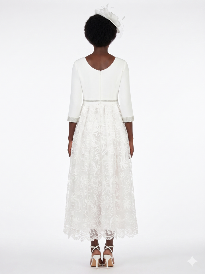 3/4 Slv Maxi Lace Overlay Dress w/ Rhinestoned Wai