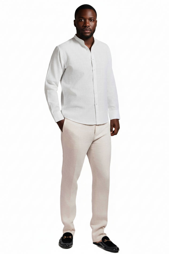 Men's Linen Blend Mandarin Collar Long Sleeve Shirt