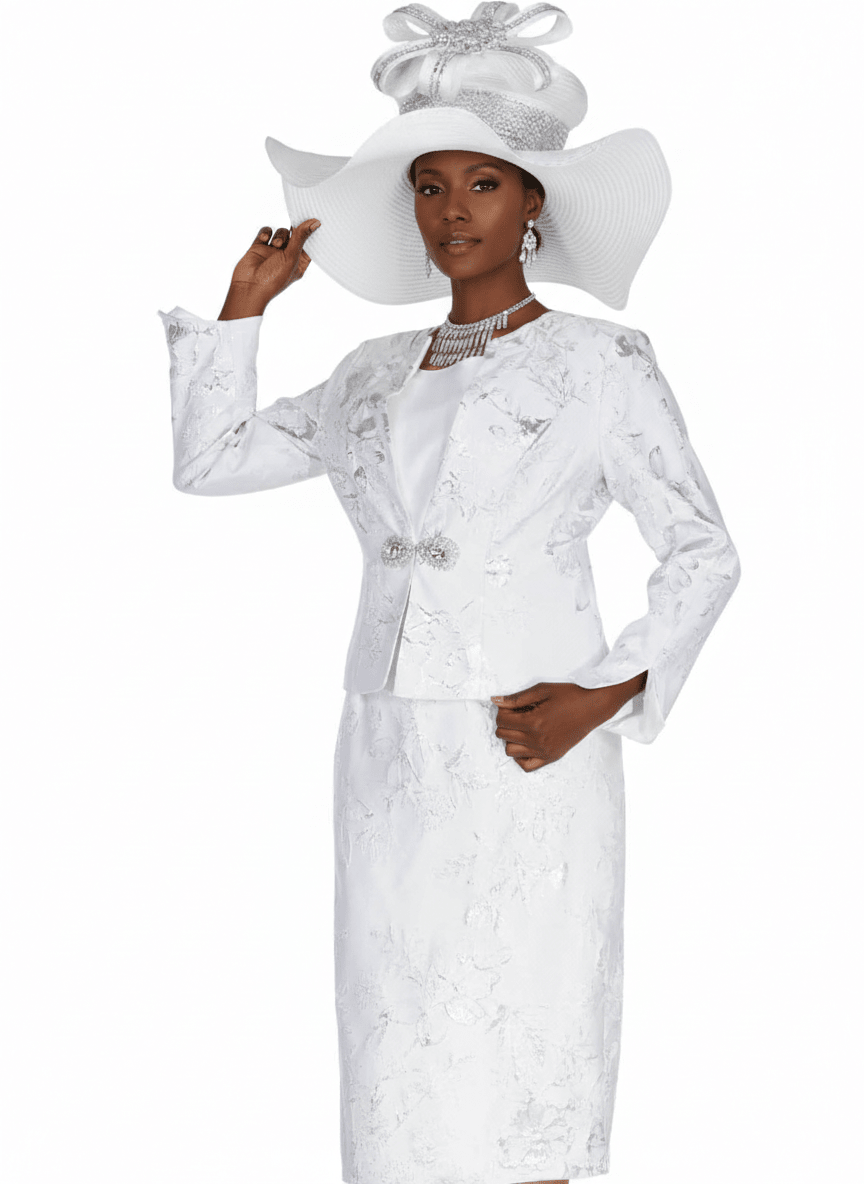 Elegant Silver Metallic Three - Piece Skirt Suit with Cami and Rhinestone Clasp 6269 - Especially Yours