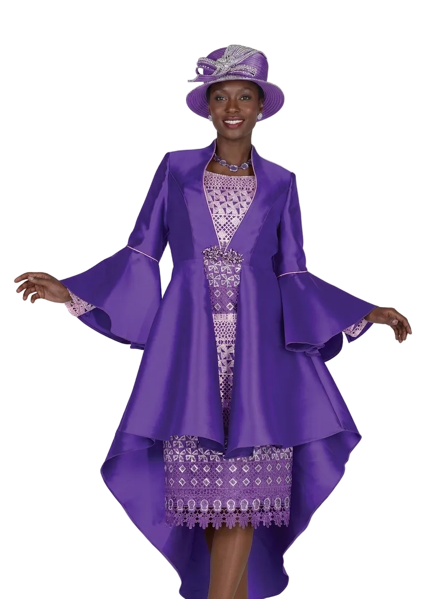 Elegant Purple Lacy Brocade Dress with High-Low Peplum Jacket Flare Sleeves