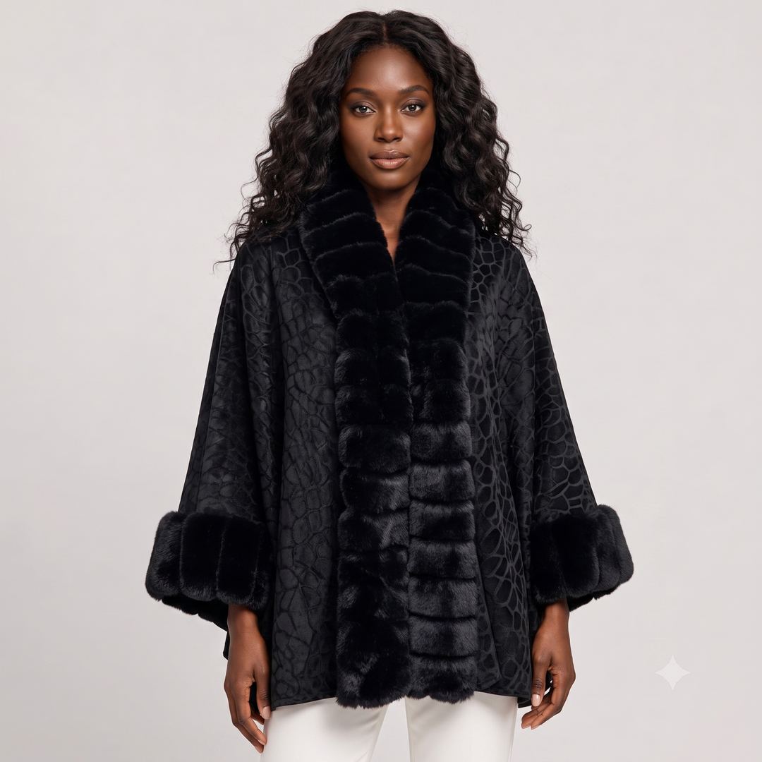 Textured Faux Fur Trimmed Cape Shawl S0508