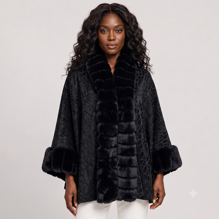 Textured Faux Fur Trimmed Cape Shawl S0508