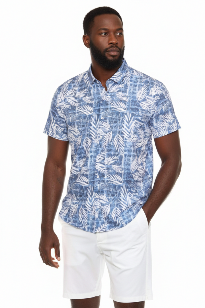 Men’s Blue Leaf Short Sleeve Stretch Shirt