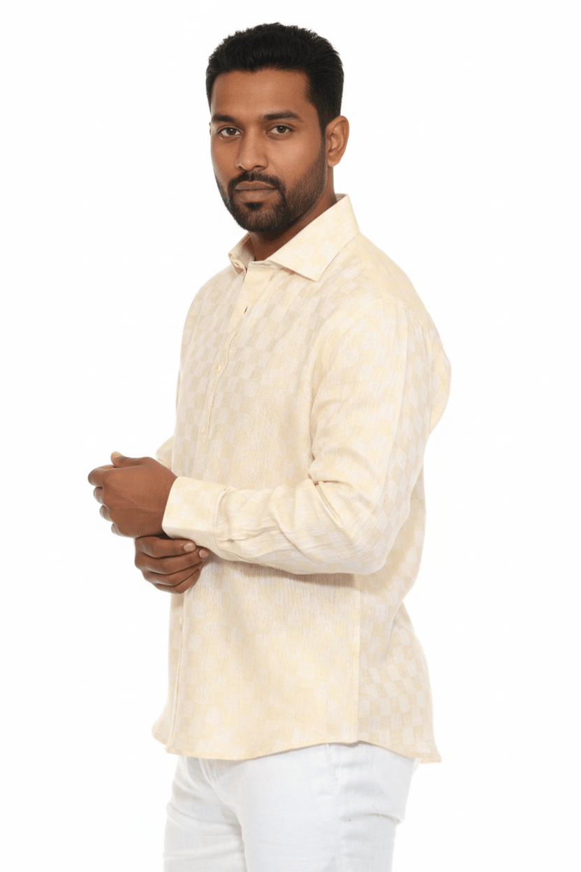 Men’s 100% Linen Long Sleeve Beige Checkered Button - Down Shirt - Especially Yours