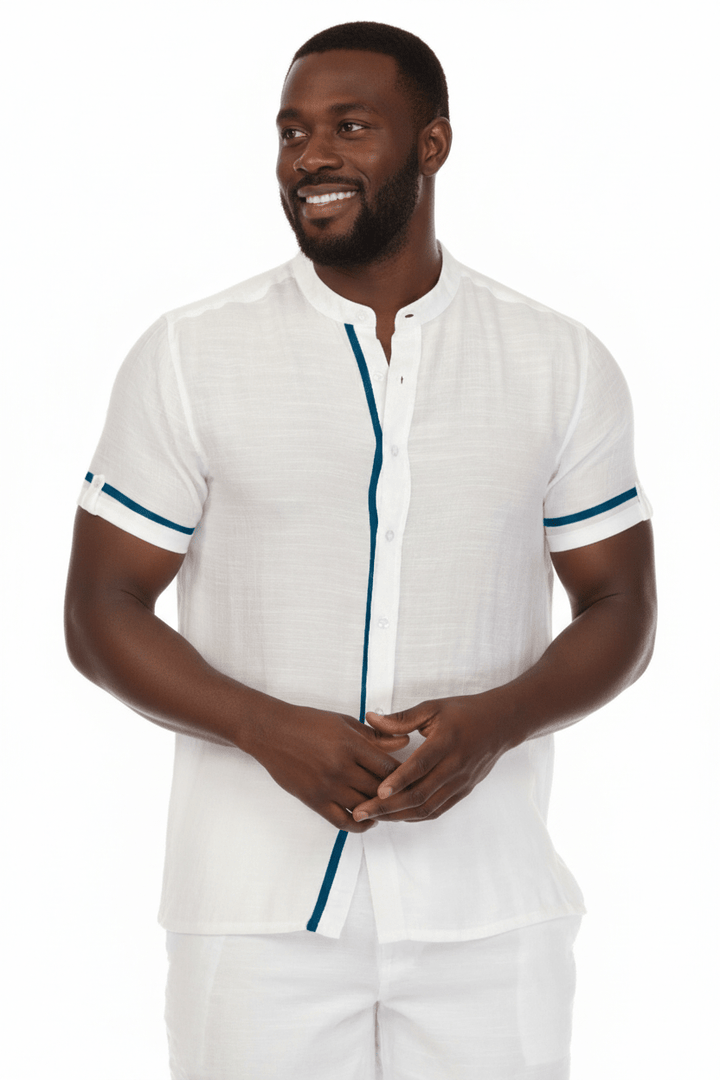 Men's Beach Mandarin Collar Button Down Two Tone Shirt Short Sleeve - Especially Yours