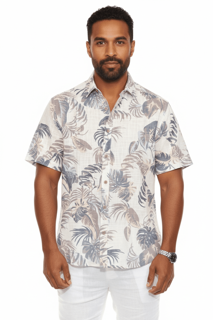 Men's Resort Style Casual Linen Blend Leafy Tropical Print Shirt - Especially Yours