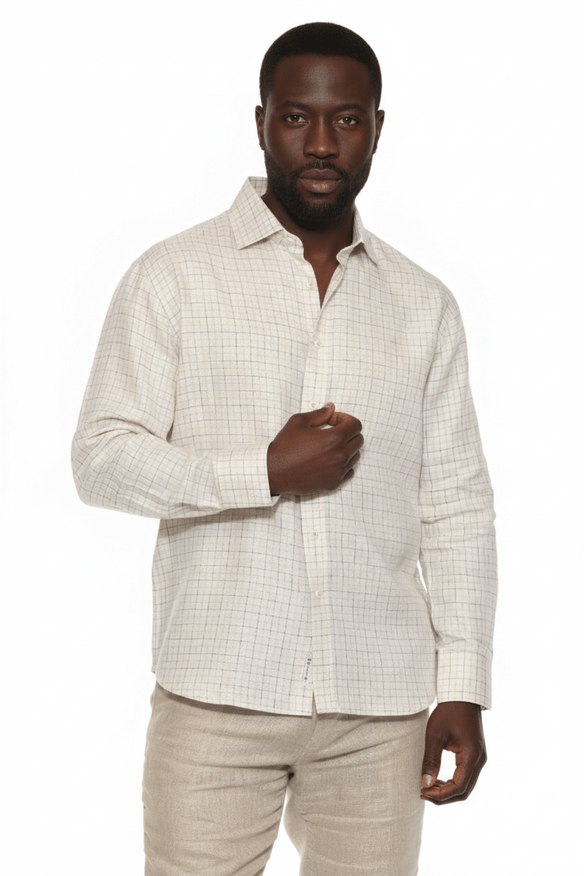 Men’s 100% Linen Long Sleeve Gray Checkered Button - Down Shirt - Especially Yours