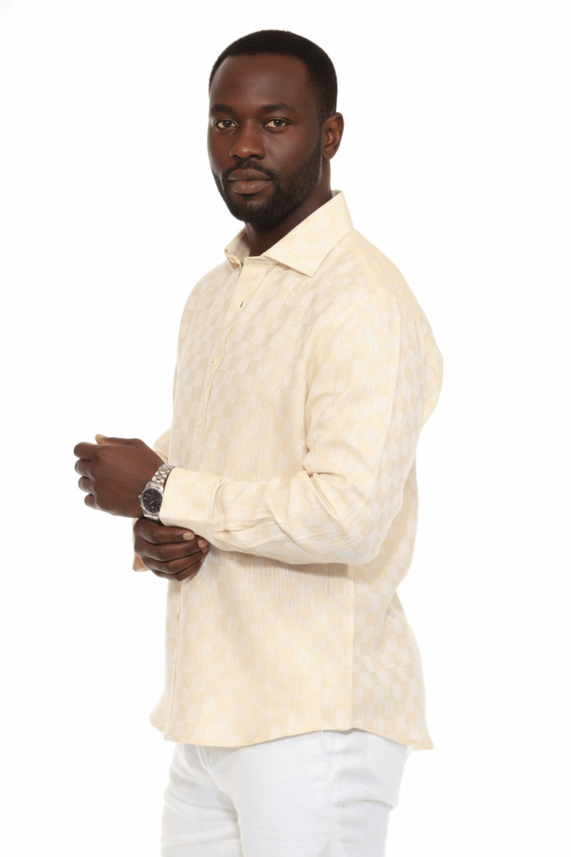 Men’s 100% Linen Long Sleeve Beige Checkered Button - Down Shirt - Especially Yours