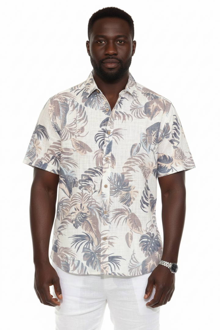 Men's Resort Style Casual Linen Blend Leafy Tropical Print Shirt