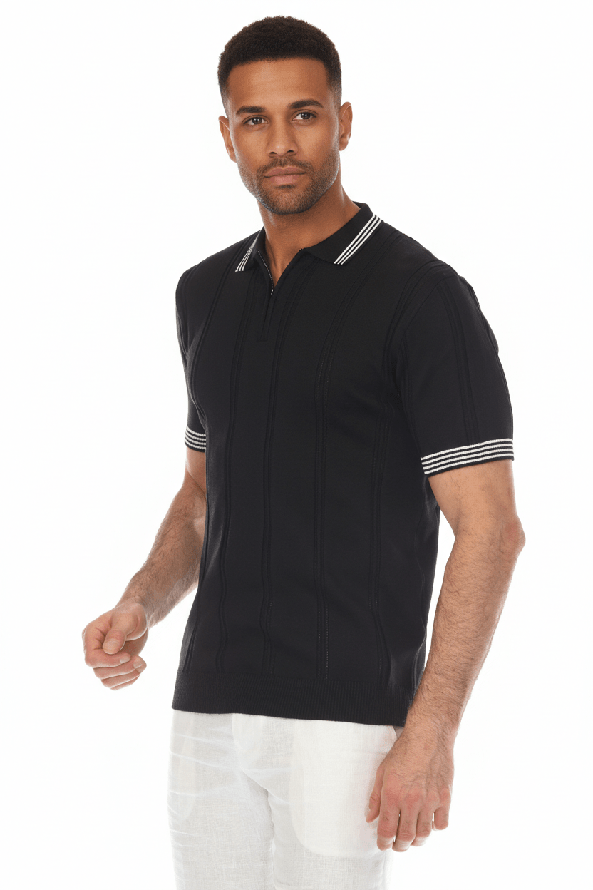 Men's Stylish Premium Knit Textured Polo Shirt with Stripe Accents - Especially Yours