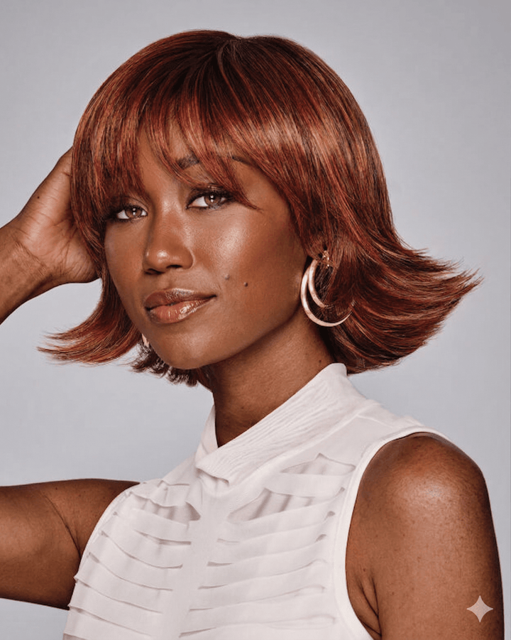 Ashanti short shag bob lace front wig Kim Kimble – auburn copper razor-cut texture eyelash bang front view | Especially Yours