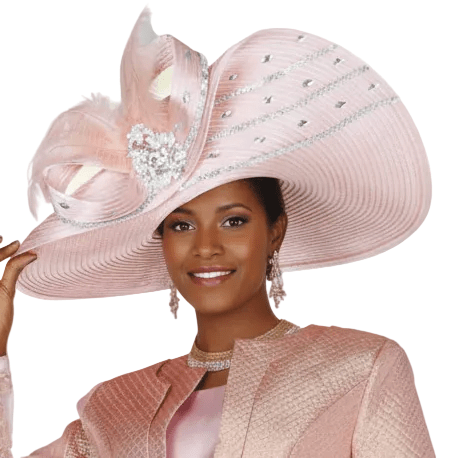 Peach Champagne Wide Brim Church Hat with Crystal & Feather Accents H6215 - Especially Yours