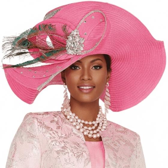 Wide Brim Church Hat with Peacock Feather & Crystal Detail H6217 - Especially Yours