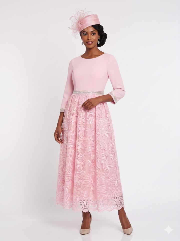 3/4 Slv Maxi Lace Overlay Dress w/ Rhinestoned Wai