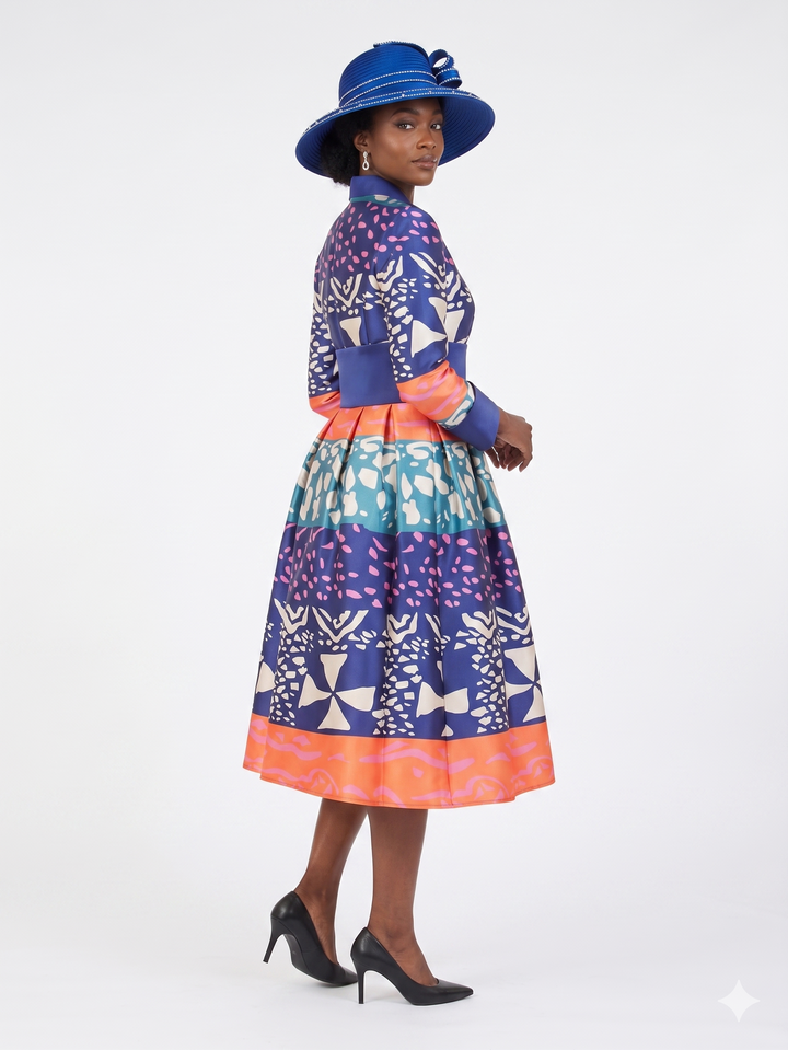 Stand Collar A-line Print Dress w/ Belt-Plus