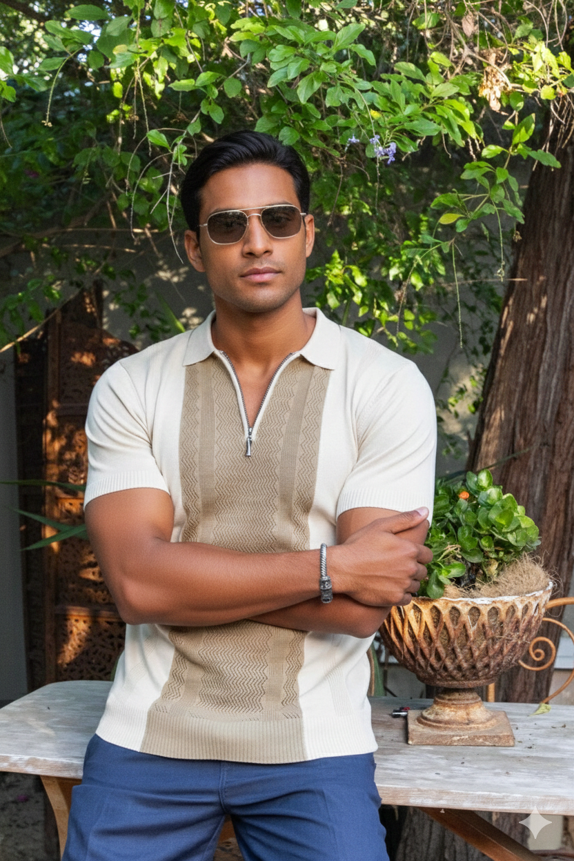 Men's Stylish Premium Knit Textured Polo Shirt with Stripe Accents - Especially Yours