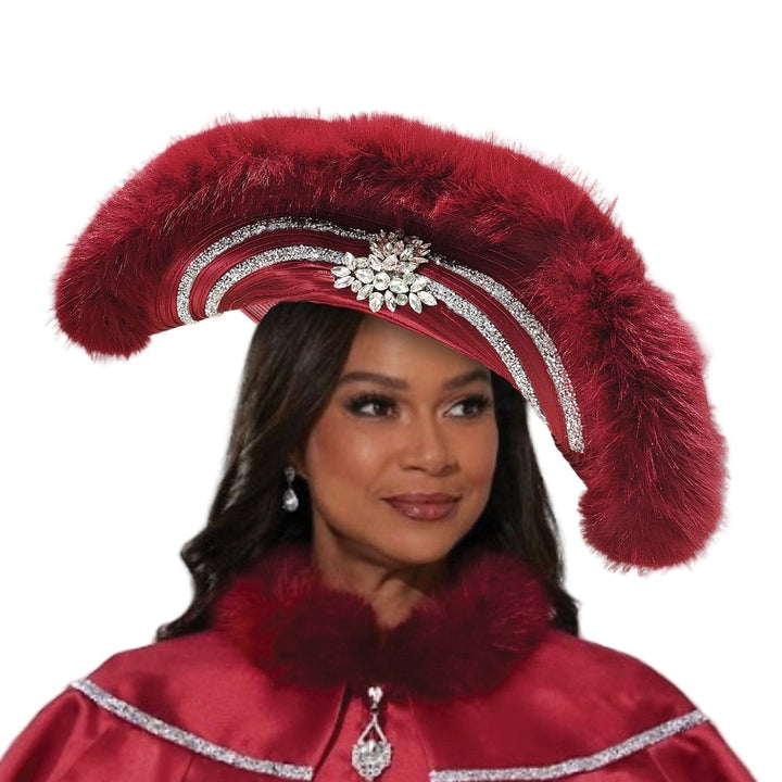 Woman wearing EY Boutique Ultimate Church Hat in cranberry with faux fur brim trim, double rhinestone bands and jeweled brooch centerpiece