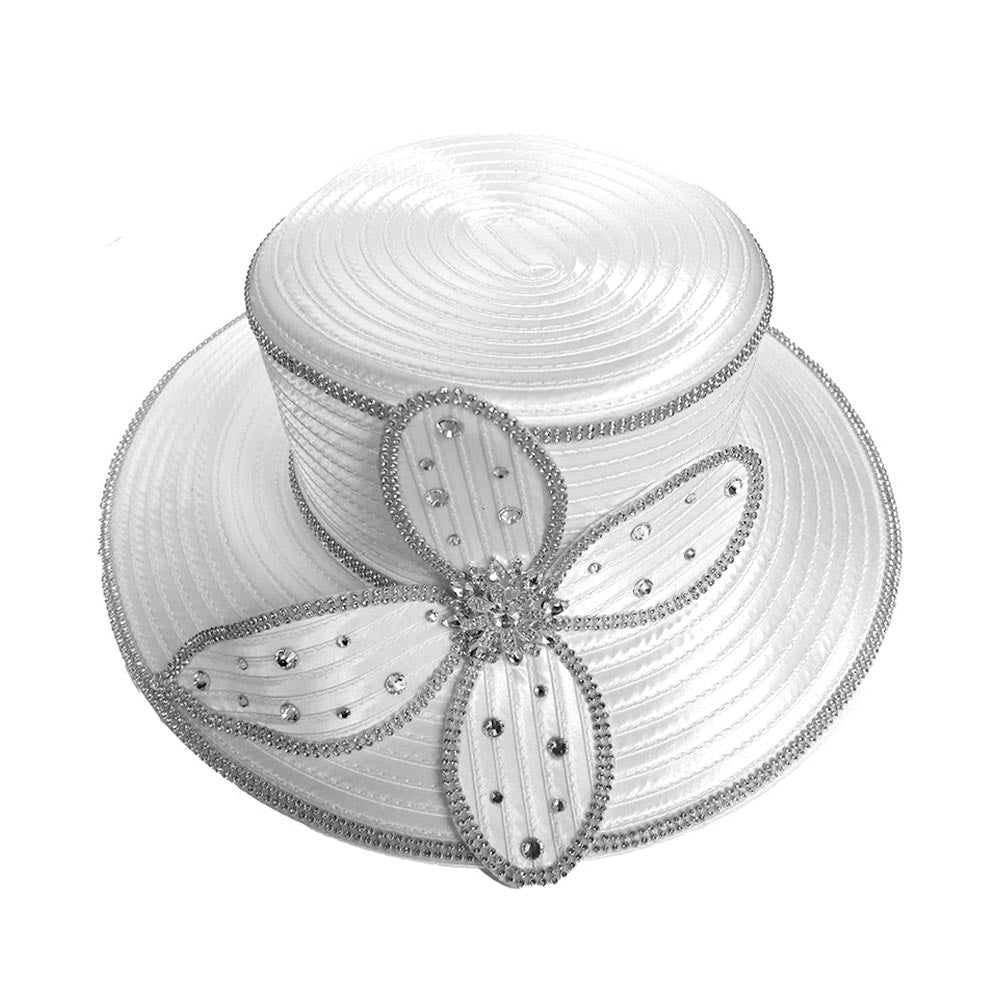 Elegant Rhinestone Trim Embellished Floral Bow Accent Wide Brim Statement Dressy Hat - Especially Yours