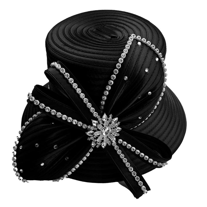 Elegant Rhinestone Trim Bow Floral Accent Dressy Hat - Especially Yours