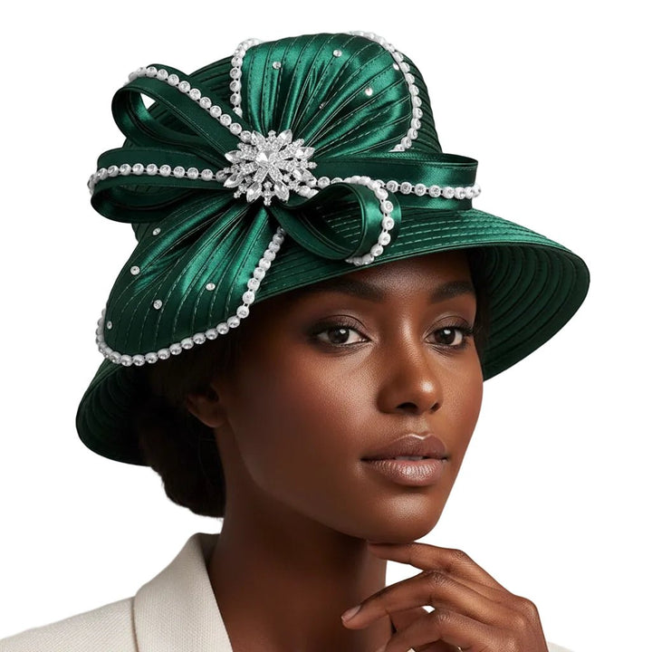 Elegant Rhinestone Trim Bow Floral Accent Dressy Hat - Especially Yours