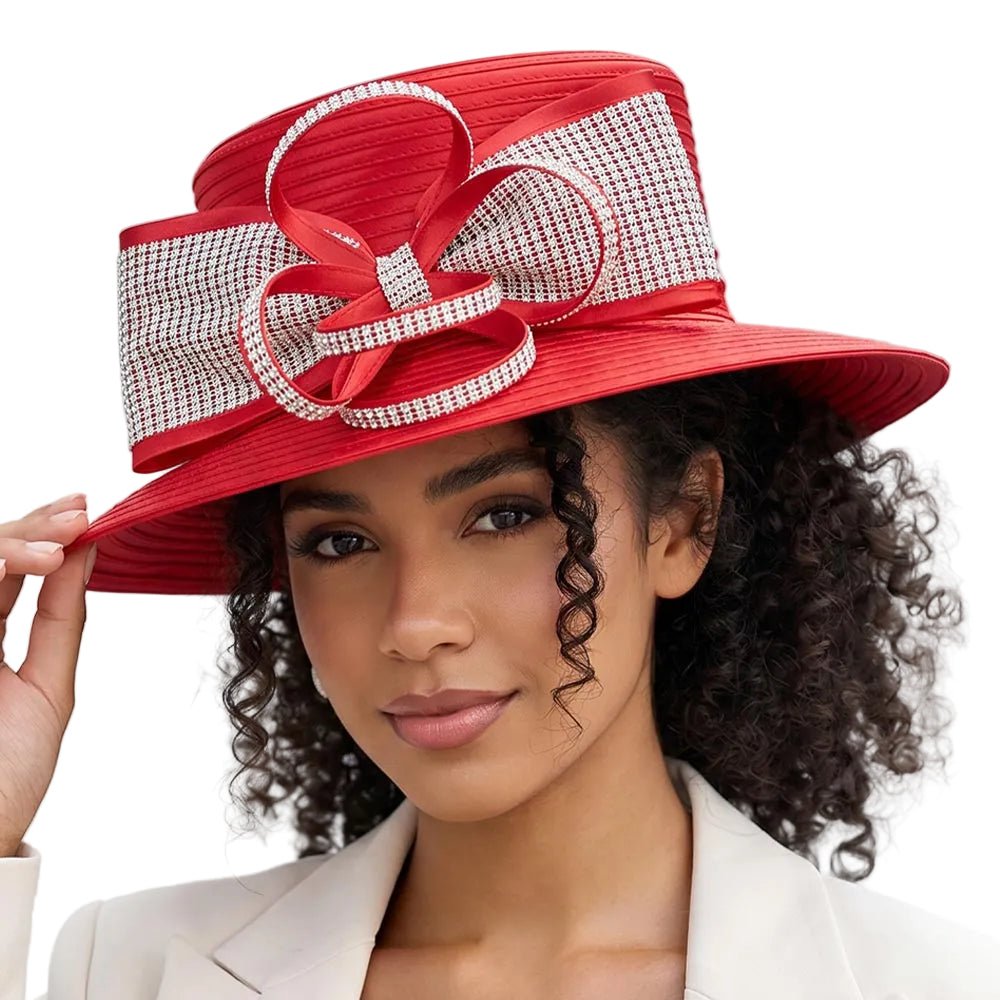 Bling Studded Bow Accent Wide Brim Statement Dressy Hat - Especially Yours