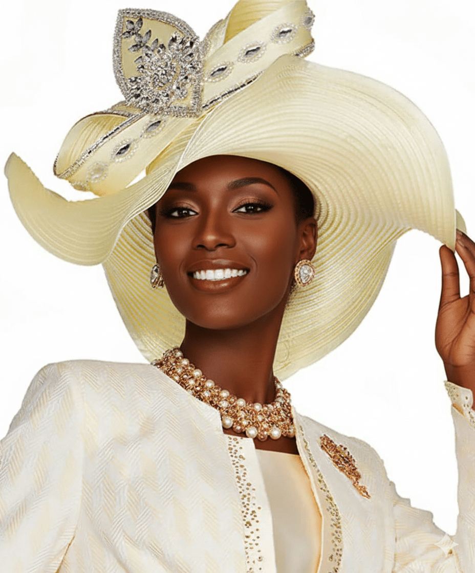 Elegant Women's Light Yellow Church Hat - Wide Brim Embellished Ascot Derby - Especially Yours