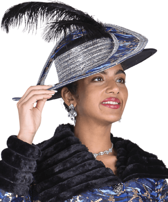 Elegant Royal Blue Church Hat with Wide Brim & Feather Accents for Women - Especially Yours