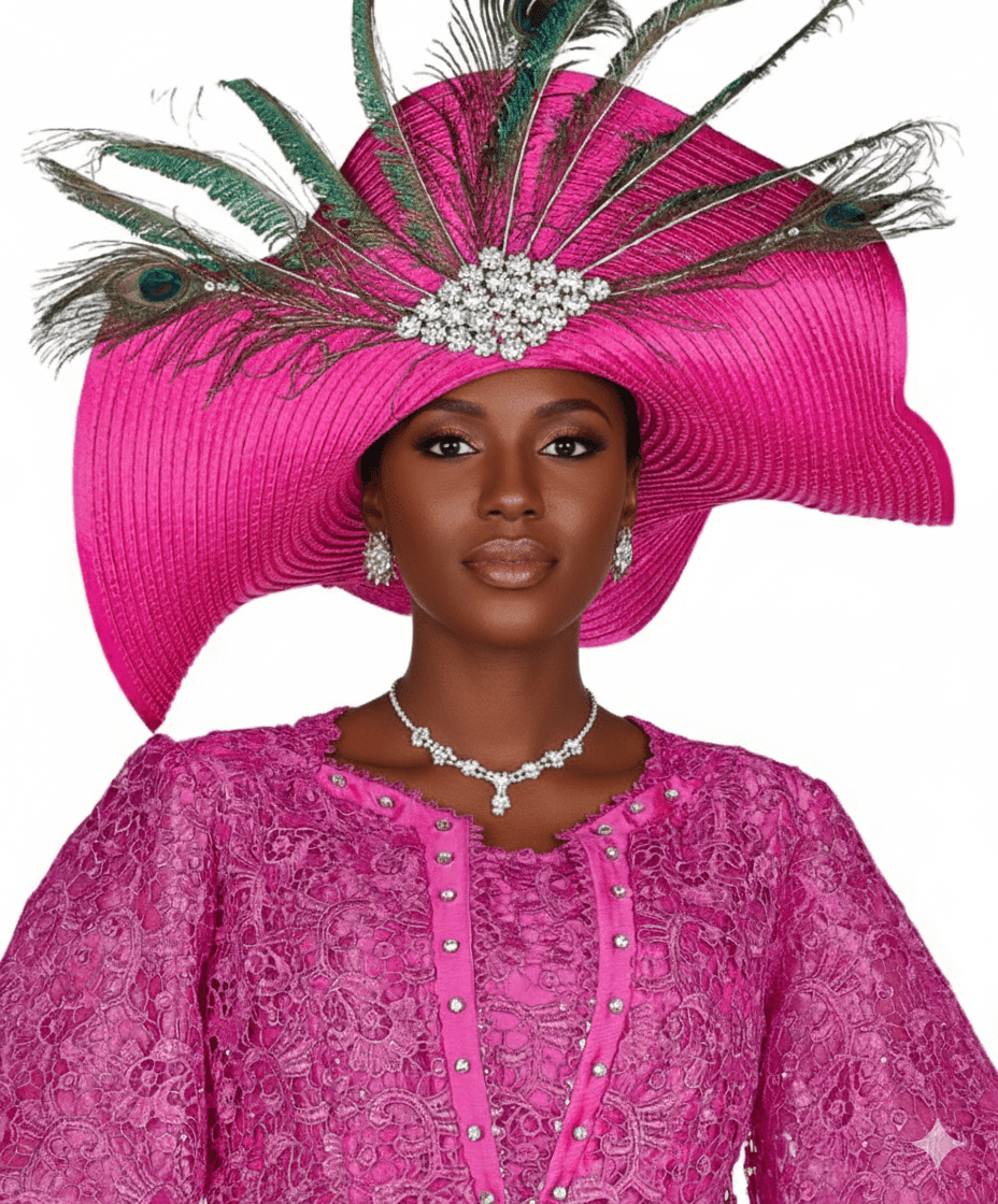 Stunning Fuchsia Wide Brim Church Hat with Elegant Peacock Feather & Rhinestone Embellishments - Especially Yours