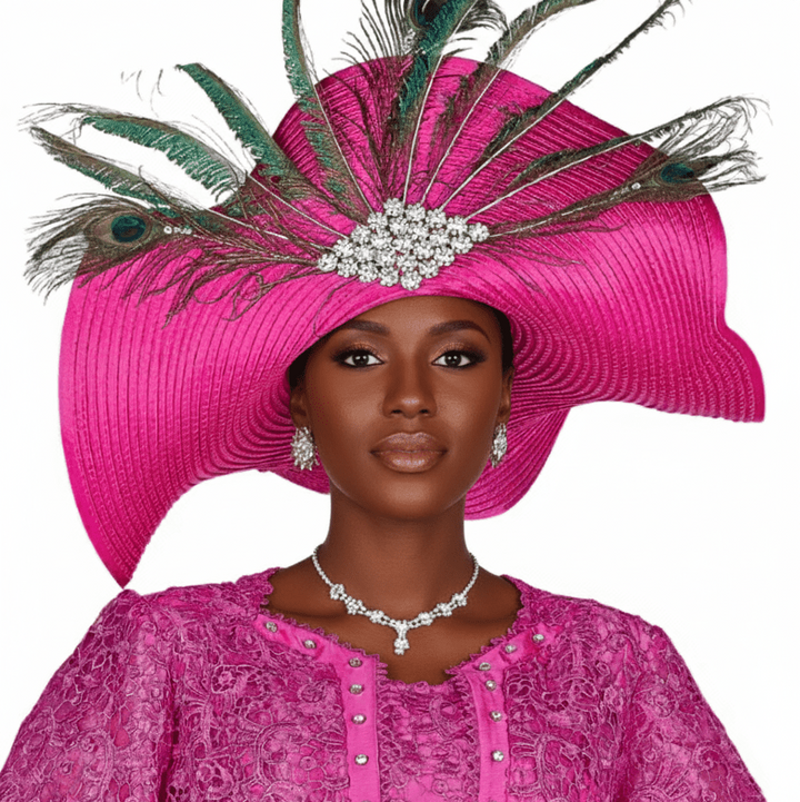 Stunning Fuchsia Wide Brim Church Hat with Elegant Peacock Feather & Rhinestone Embellishments - Especially Yours