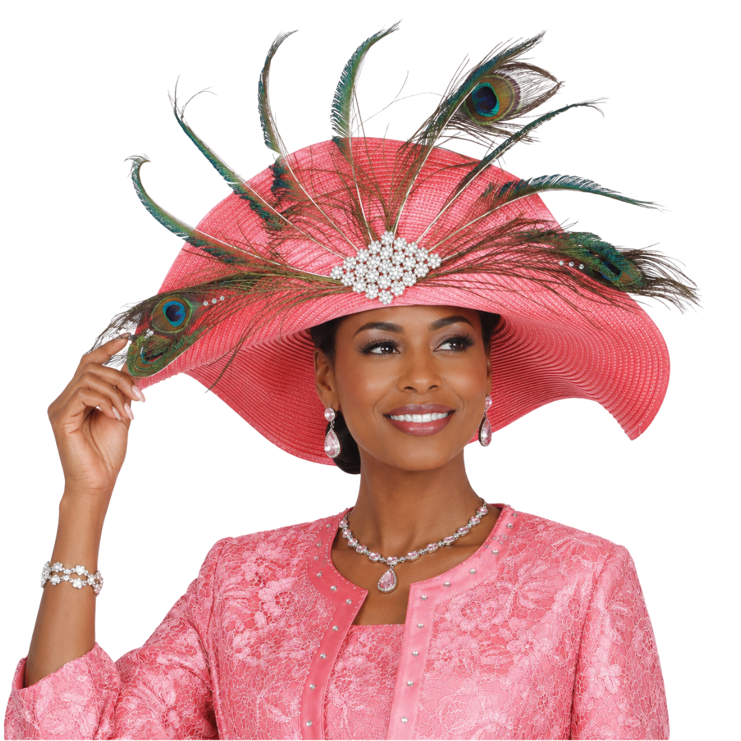 Stunning Wide Brim Church Hat with Elegant Peacock Feather & Rhinestone Embellishments