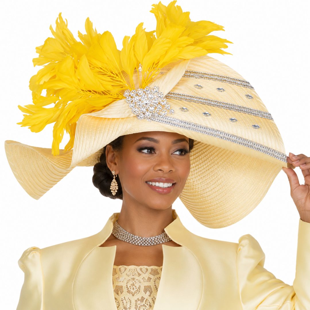 Grand Banana Yellow Wide - Brim Church Hat with Feather & Crystal Accents H6208 - Especially Yours