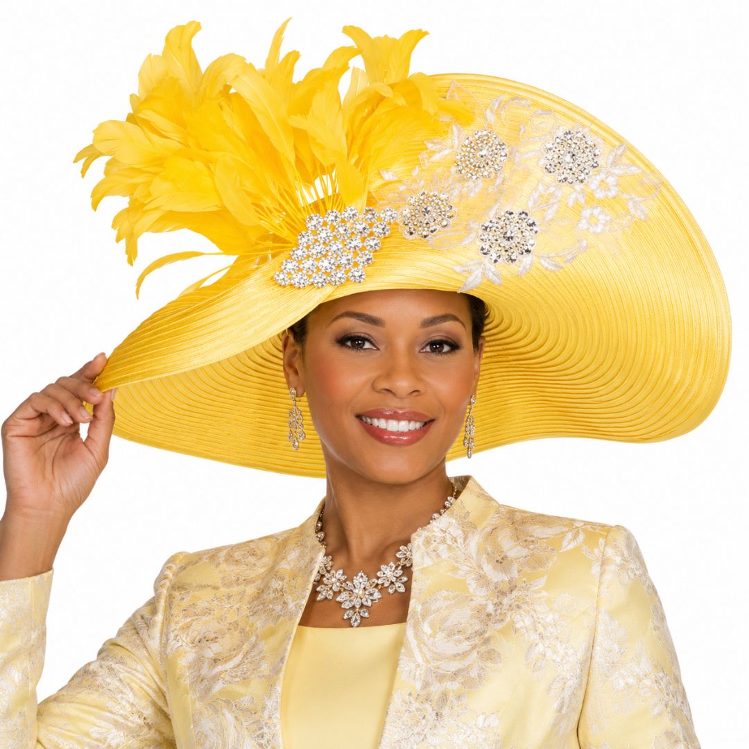 Banana Yellow Wide Brim Church Hat with Feather & Crystal Accents H6214 - Especially Yours
