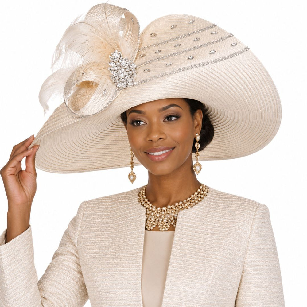 Peach Champagne Wide Brim Church Hat with Crystal & Feather Accents H6215 - Especially Yours