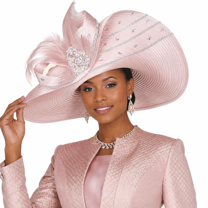 Peach Champagne Wide Brim Church Hat with Crystal & Feather Accents H6215 - Especially Yours