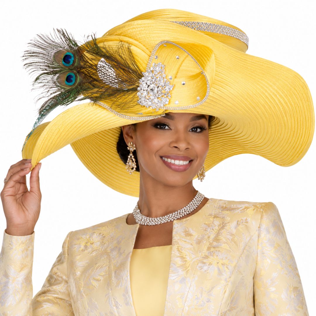 Wide Brim Church Hat with Peacock Feather & Crystal Detail H6217 - Especially Yours