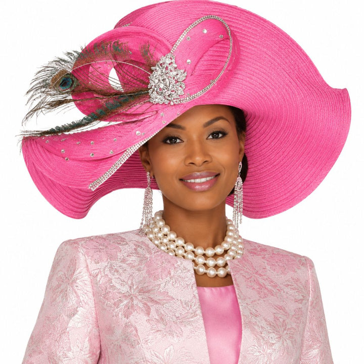 Wide Brim Church Hat with Peacock Feather & Crystal Detail H6217 - Especially Yours